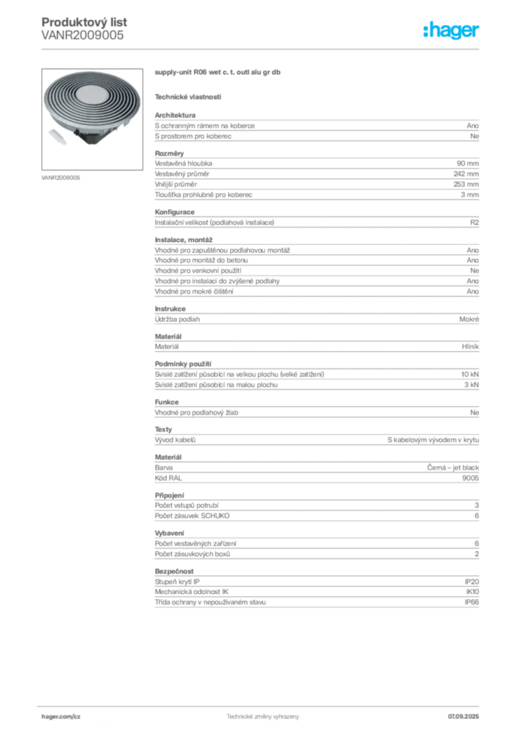 Obrázek Hager Produktový list VANR2009005 | Hager