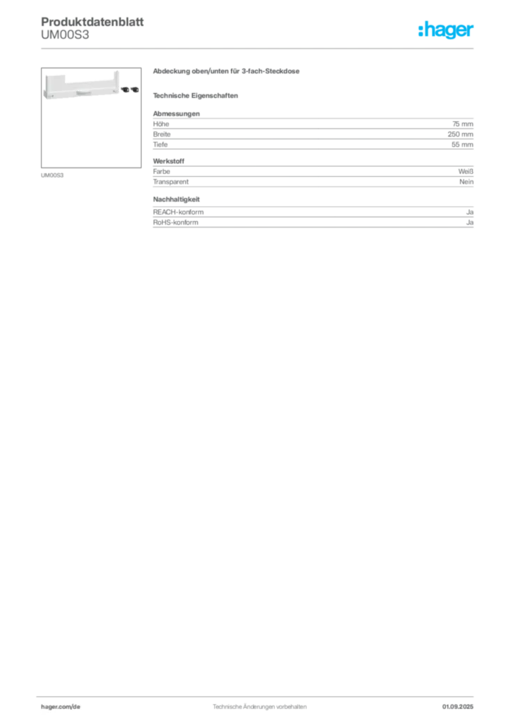 Hager Produktdatenblatt UM00S3