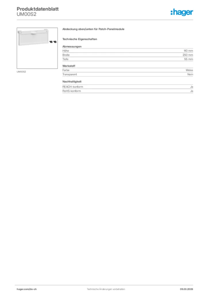 Bild Hager Produktdatenblatt UM00S2 | Hager Schweiz