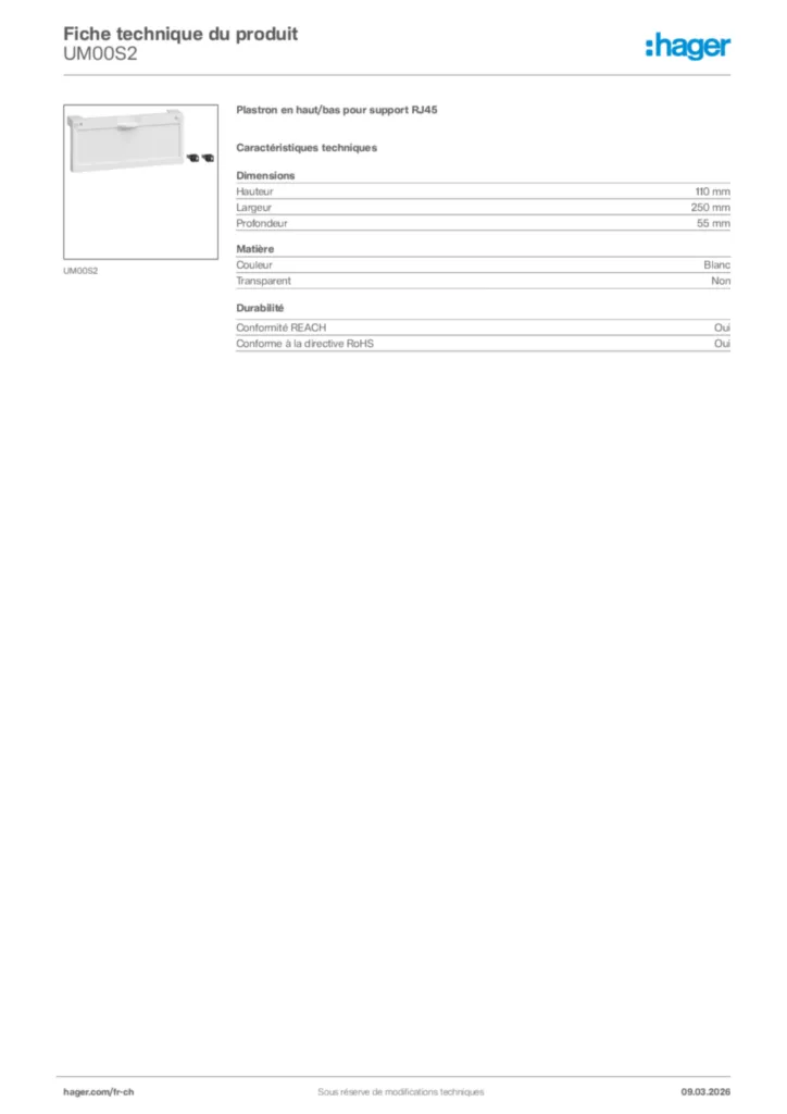 Image Hager Fiche technique du produit UM00S2 | Hager Suisse