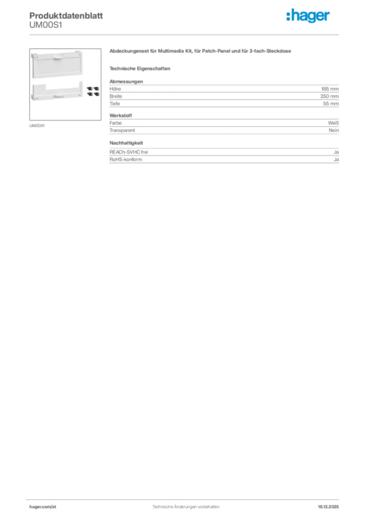 Bild Hager Produktdatenblatt UM00S1 | Hager Deutschland