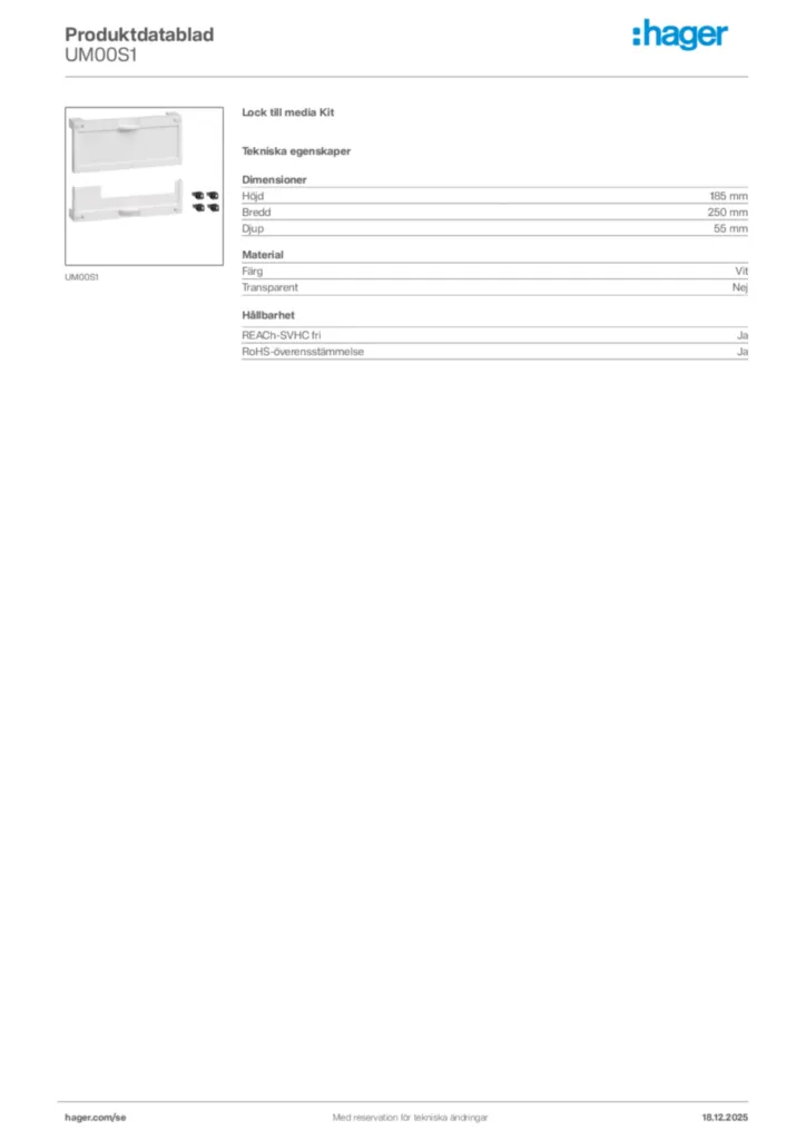 Bild Hager Produktdatablad UM00S1 | Hager Sverige