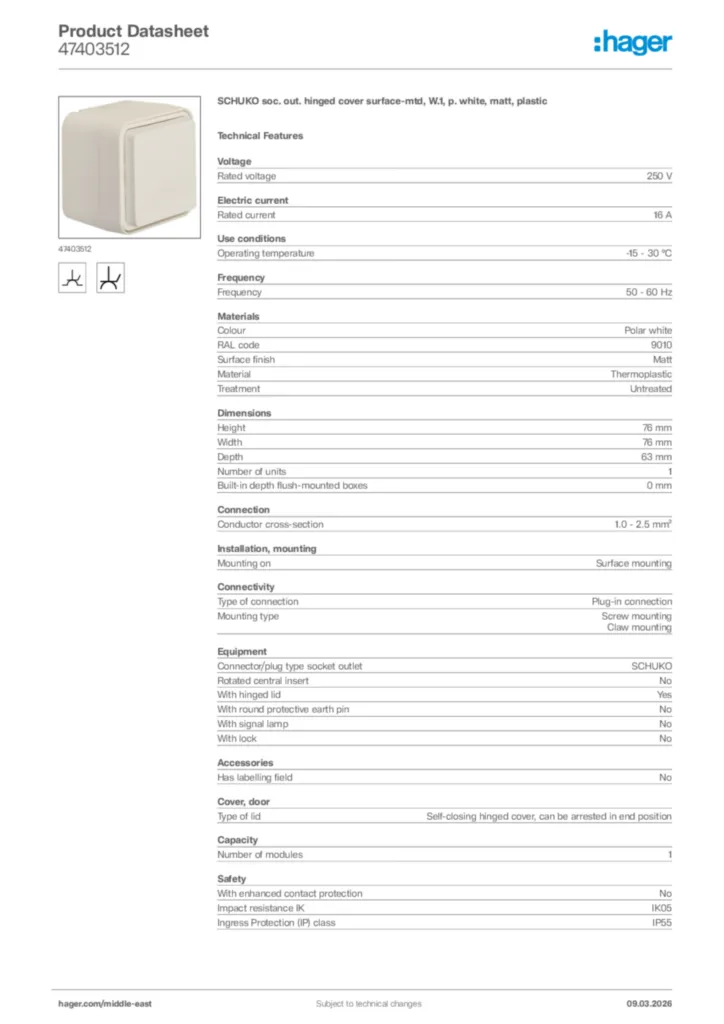 Image Hager Product data sheet 47403512  | Hager