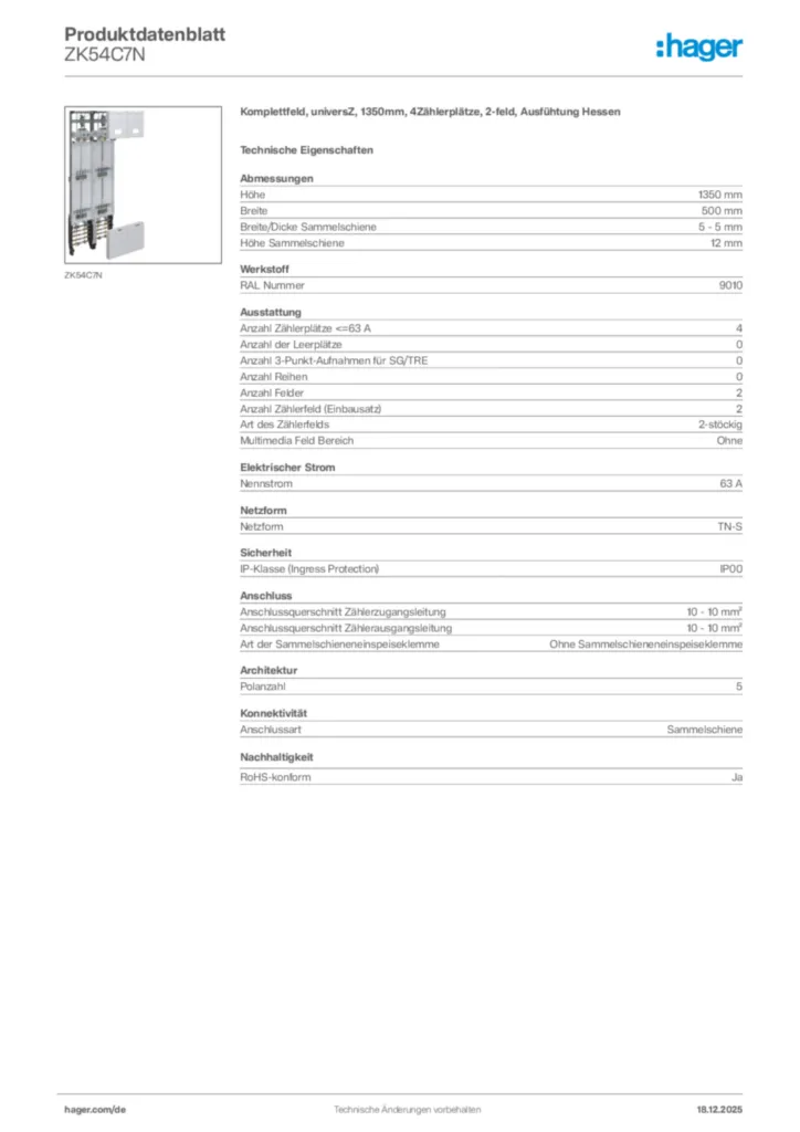 Bild Hager Produktdatenblatt ZK54C7N | Hager Deutschland