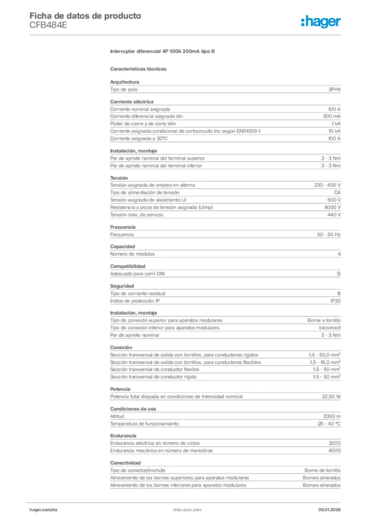 Imagen Hager Ficha de datos de producto CFB484E | Hager España