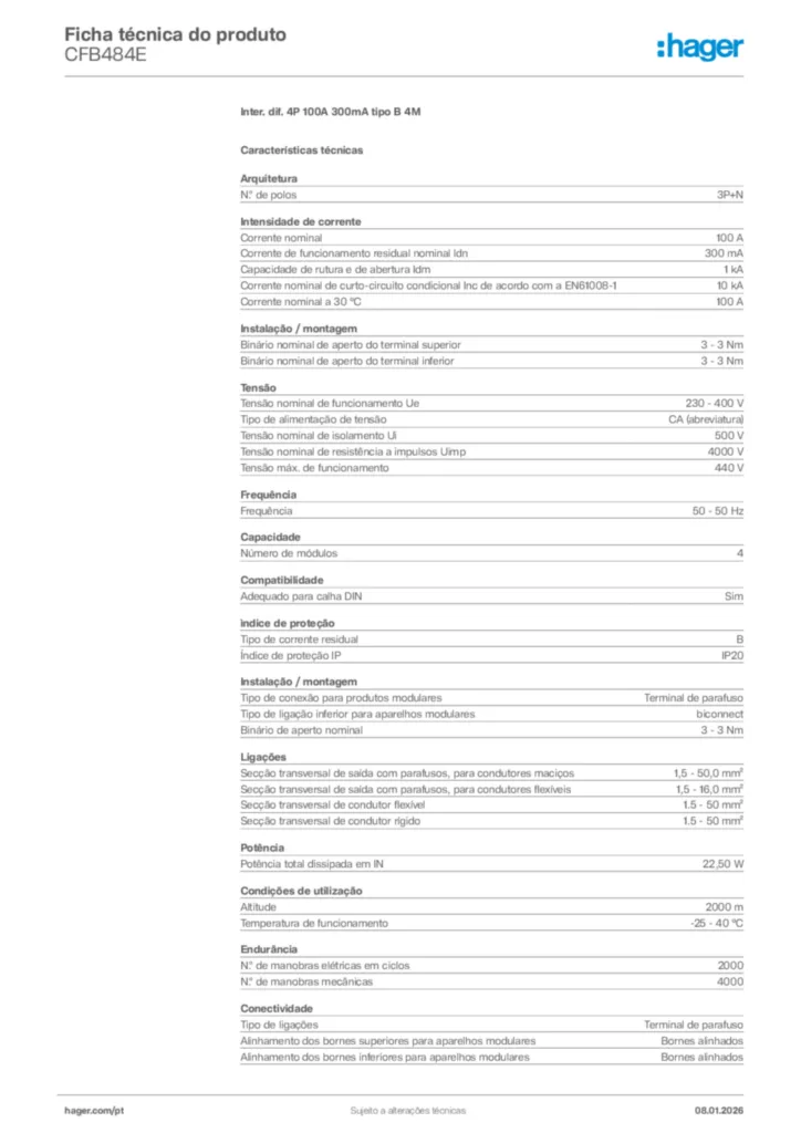 Imagem Hager Ficha técnica do produto CFB484E | Hager Portugal