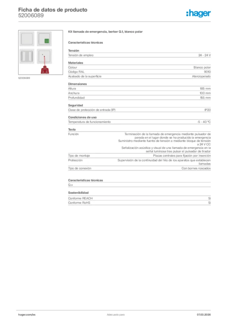 Imagen Hager Ficha de datos de producto 52006089 | Hager España