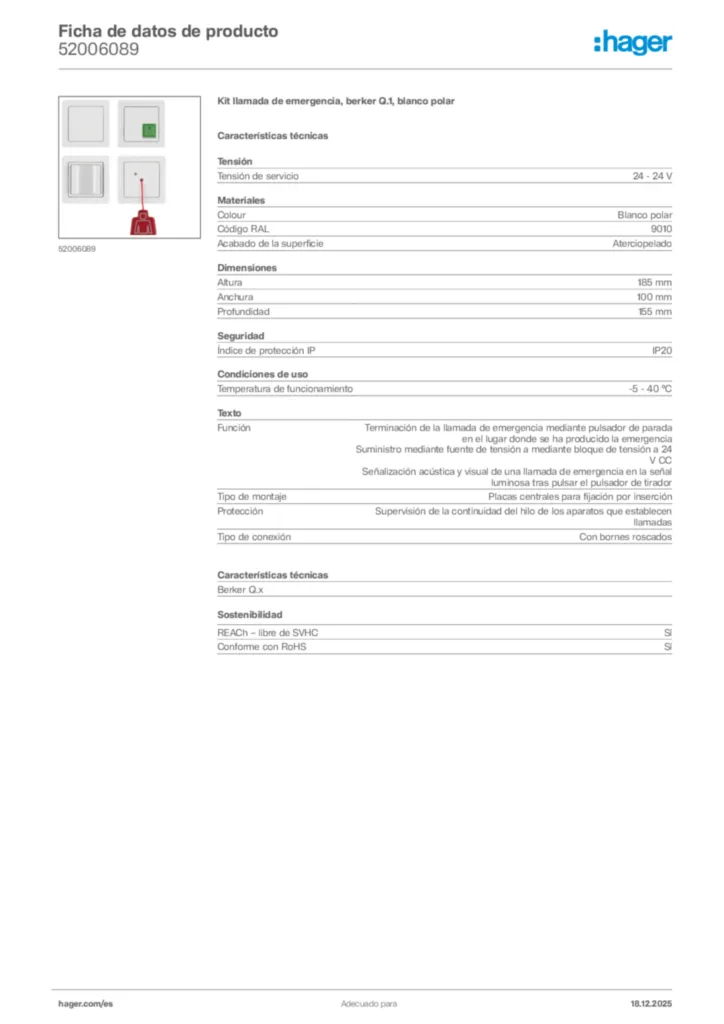 Imagen Hager Ficha de datos de producto 52006089 | Hager España