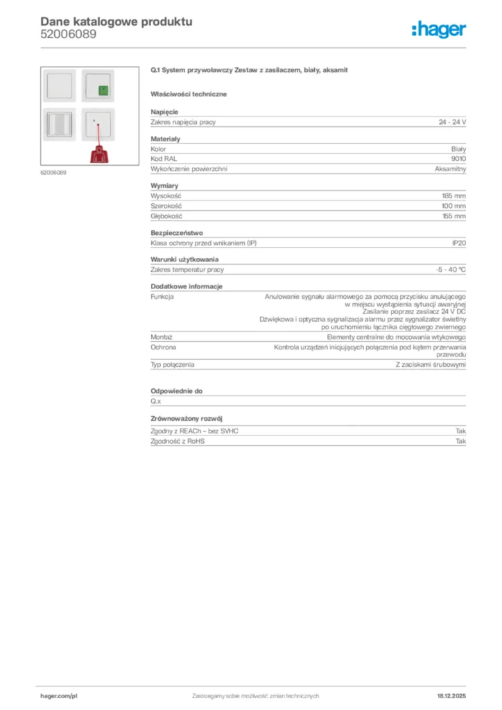 Zdjęcie Hager Karta katalogowa 52006089 | Hager Polska