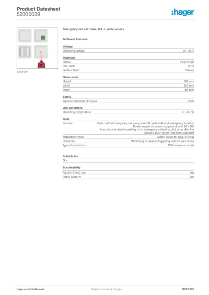 Image Hager Product data sheet 52006089  | Hager