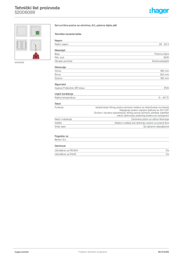 Slika Hager Product data sheet 52006089  | Hager