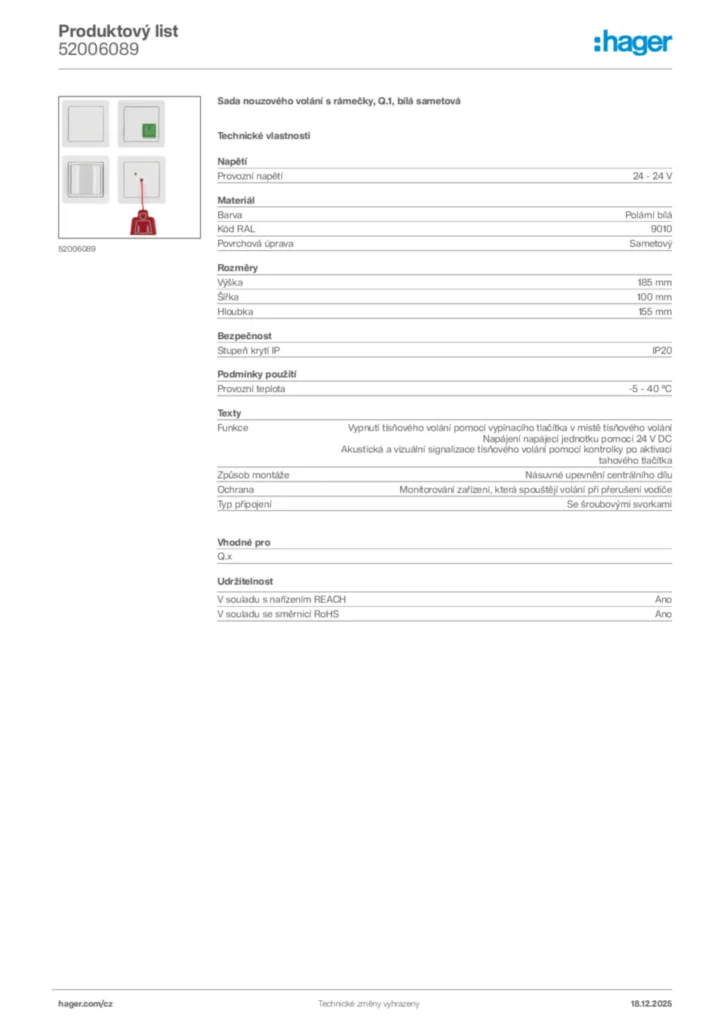 Obrázek Hager Produktový list 52006089 | Hager