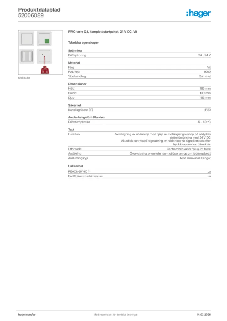 Bild Hager Produktdatablad 52006089 | Hager Sverige