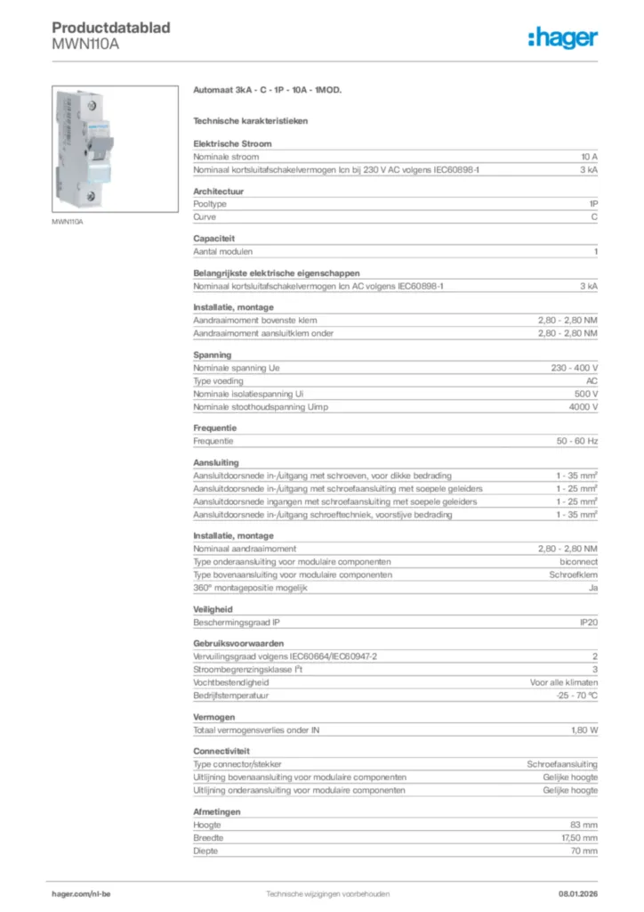 Afbeelding Hager Productdatablad MWN110A | Hager Belgium