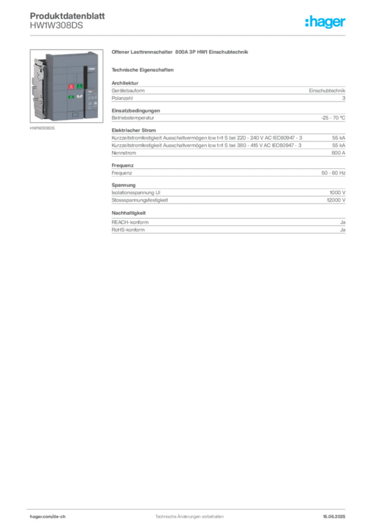 Bild Hager Produktdatenblatt HW1W308DS | Hager Schweiz