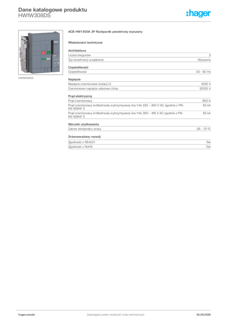 Zdjęcie Hager Karta katalogowa HW1W308DS | Hager Polska