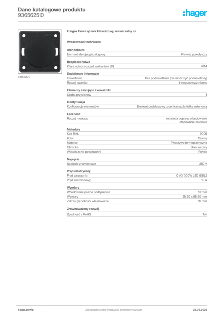 Zdjęcie Hager Karta katalogowa 936562510 | Hager Polska