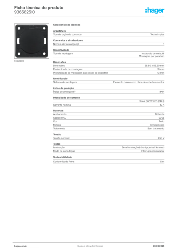 Imagem Hager Ficha técnica do produto 936562510 | Hager Portugal