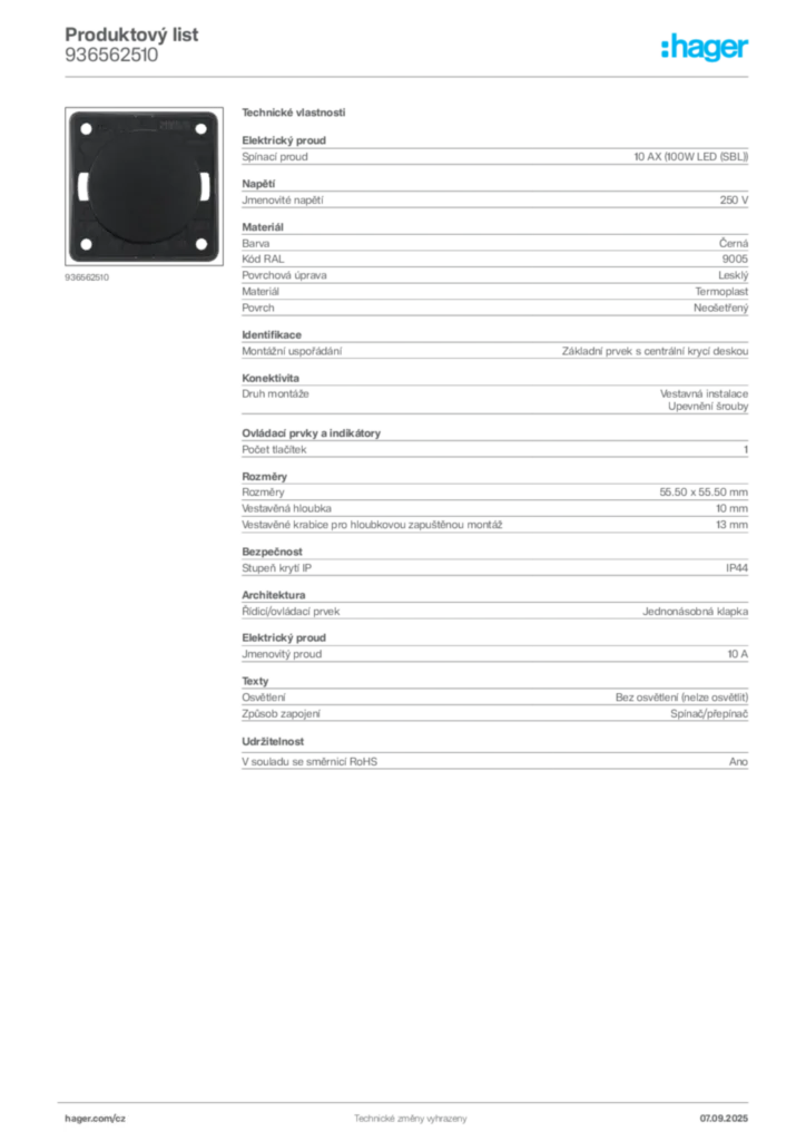 Obrázek Hager Produktový list 936562510 | Hager