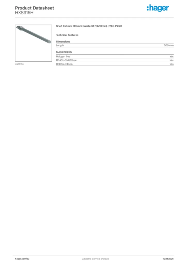 Image Hager Product data sheet HXS915H  | Hager Australia