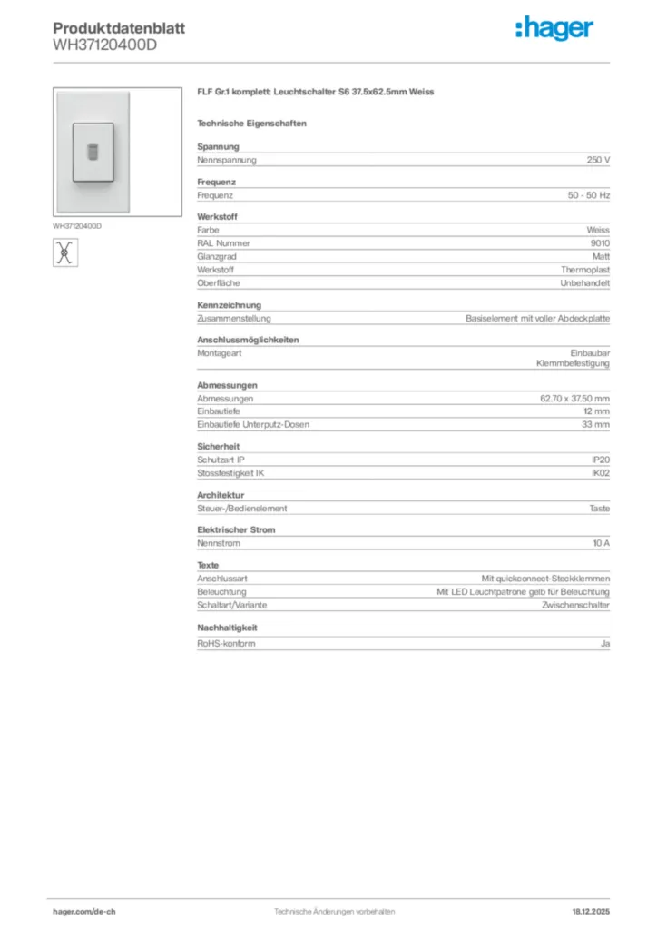 Bild Hager Produktdatenblatt WH37120400D | Hager Schweiz
