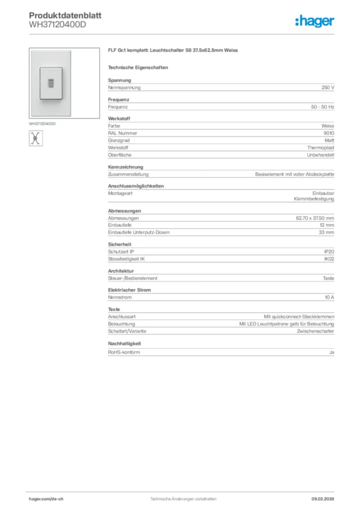 Bild Hager Produktdatenblatt WH37120400D | Hager Schweiz