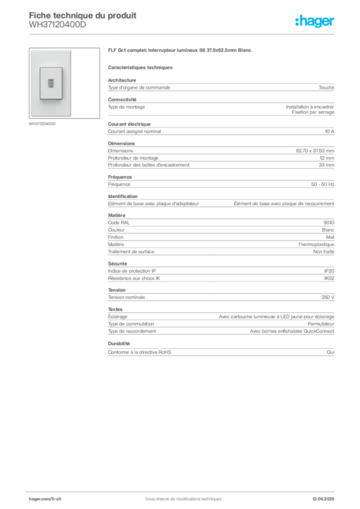 Image Hager Fiche technique du produit WH37120400D | Hager Suisse