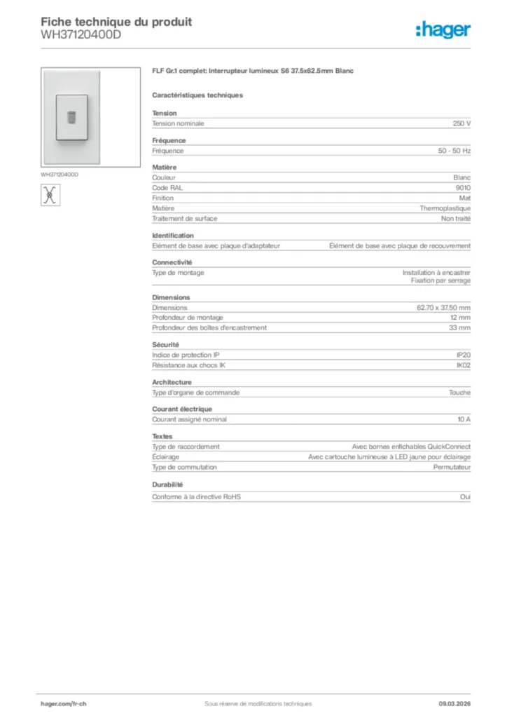 Image Hager Fiche technique du produit WH37120400D | Hager Suisse