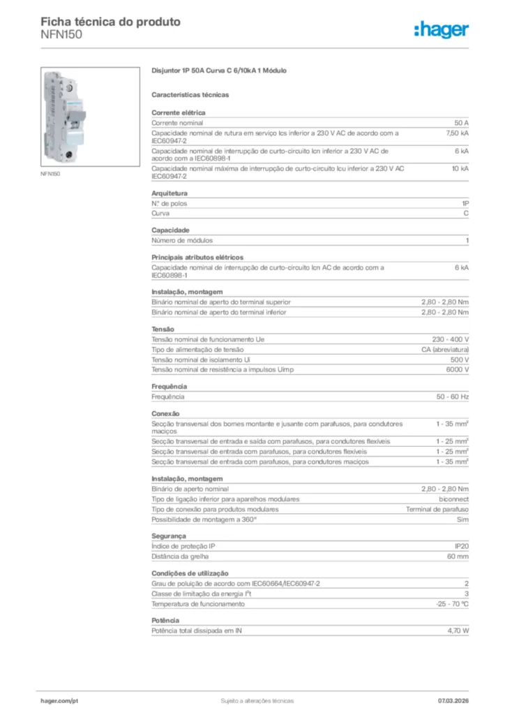 Imagem Hager Ficha técnica do produto NFN150 | Hager Portugal
