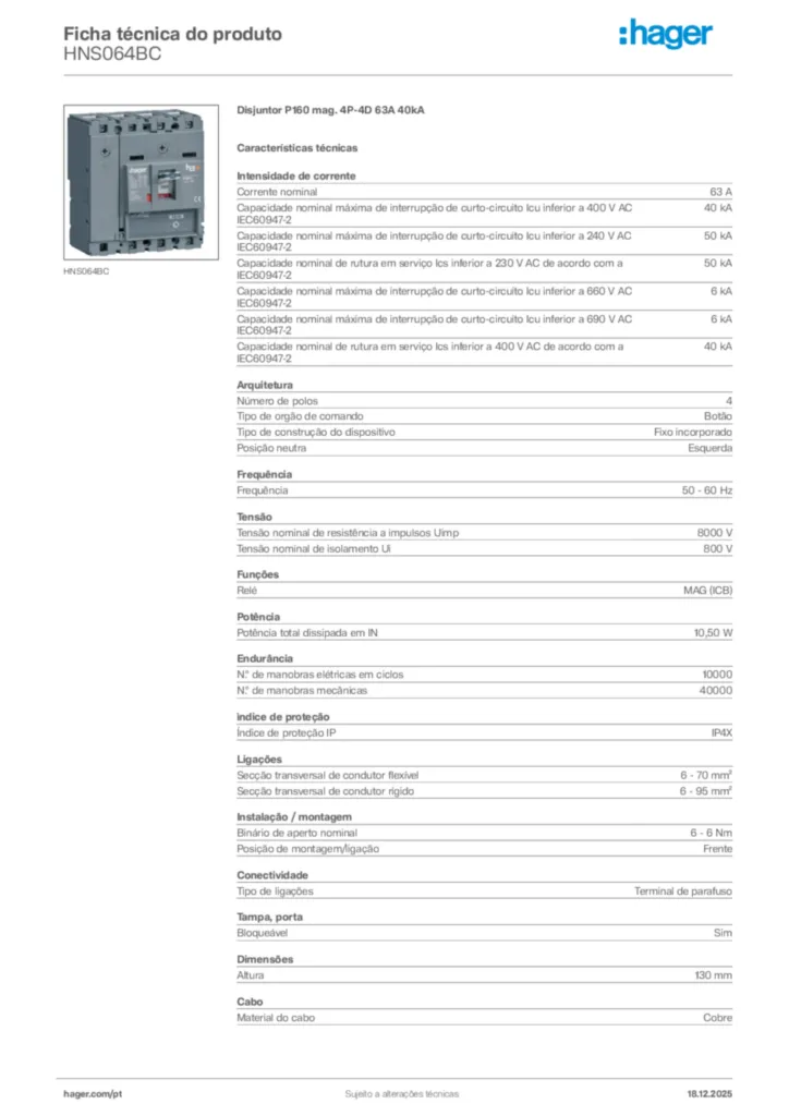 Imagem Hager Ficha técnica do produto HNS064BC | Hager Portugal