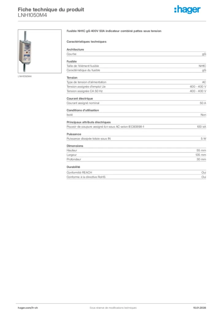 Image Hager Fiche technique du produit LNH1050M4 | Hager Suisse