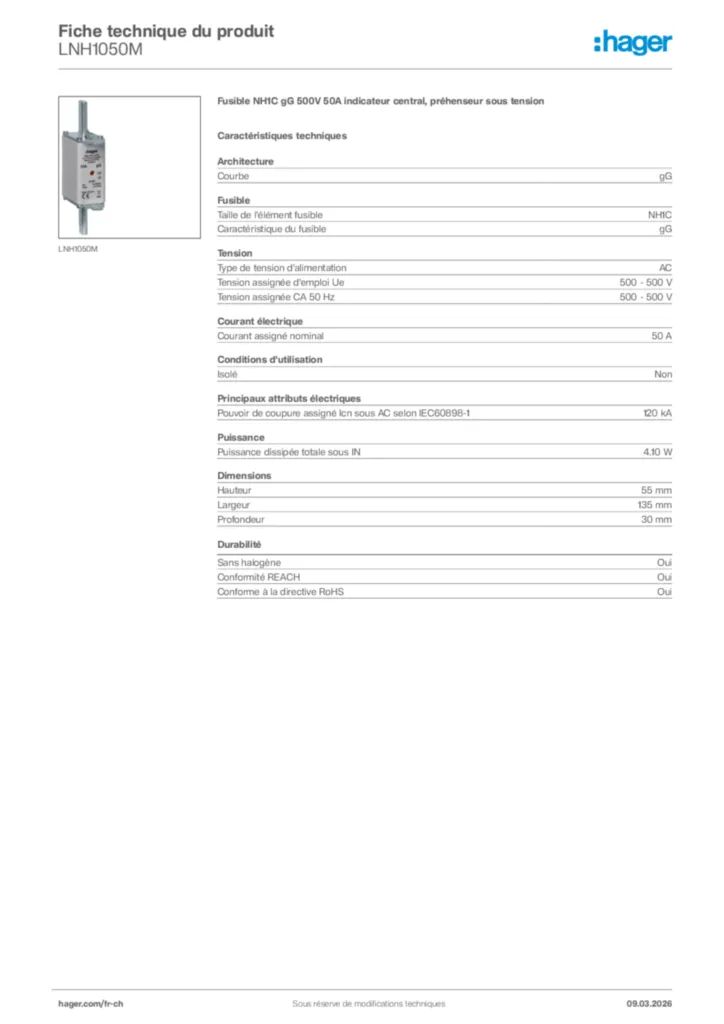 Image Hager Fiche technique du produit LNH1050M | Hager Suisse