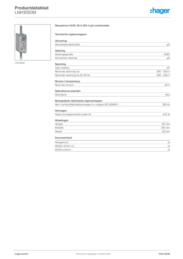 Afbeelding Hager Productdatablad LNH1050M | Hager Nederland