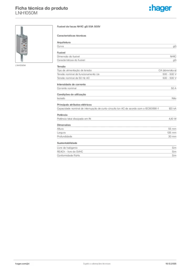 Imagem Hager Ficha técnica do produto LNH1050M | Hager Portugal