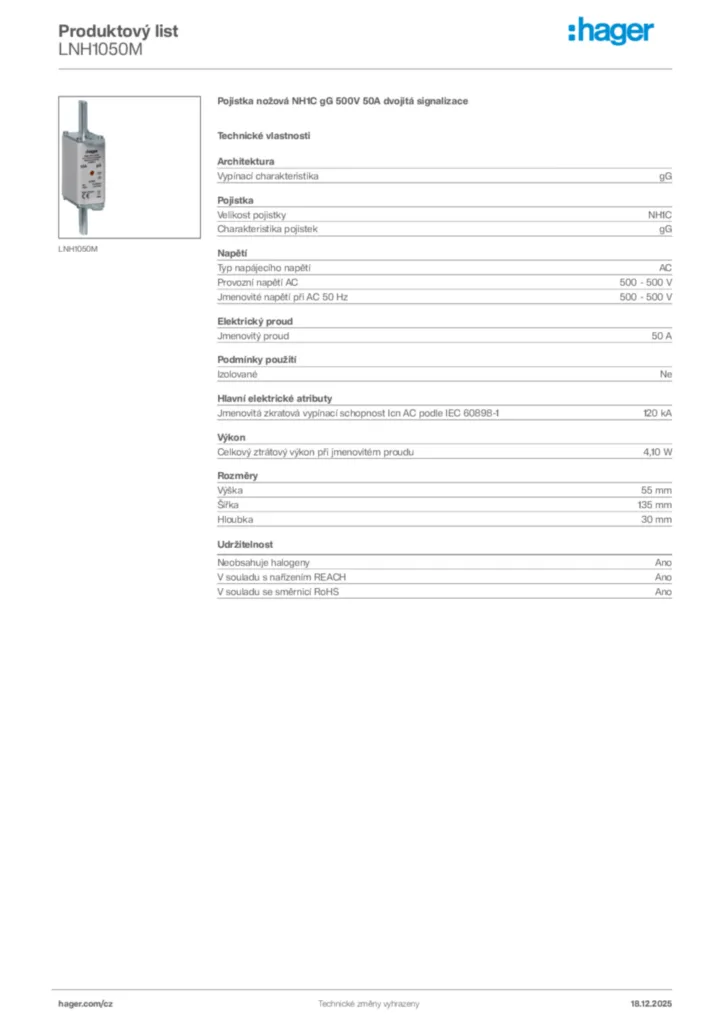 Obrázek Hager Produktový list LNH1050M | Hager