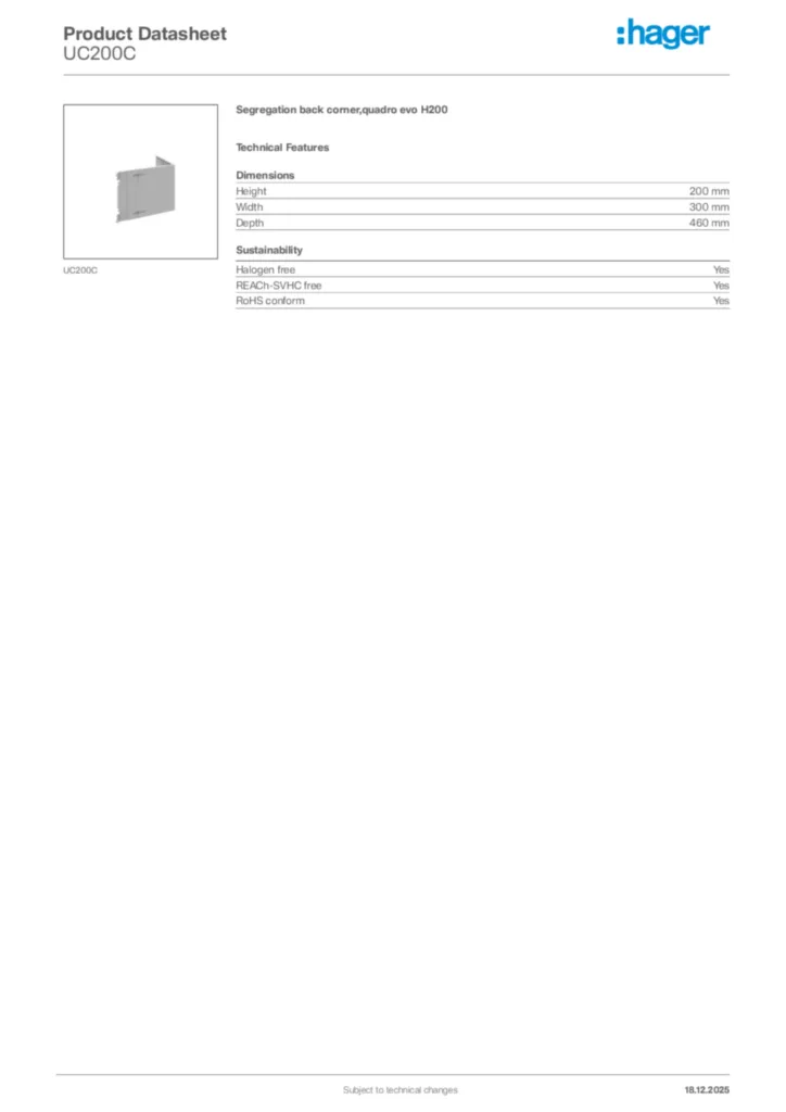 Image Hager Product data sheet UC200C  | Hager Africa