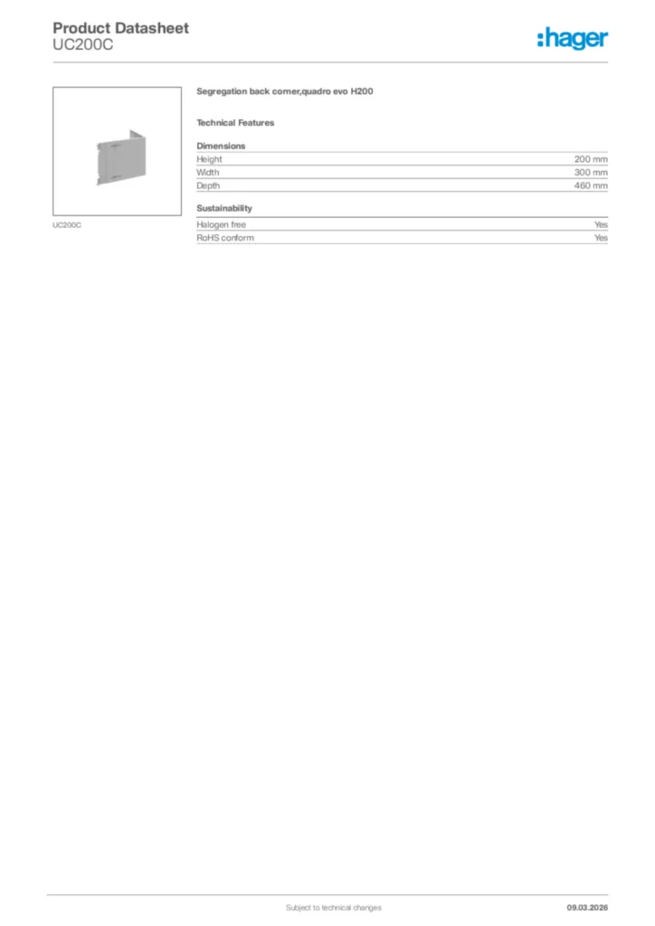 Image Hager Product data sheet UC200C  | Hager Africa