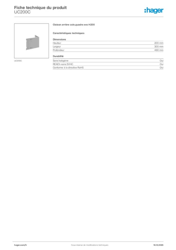 Image Hager Fiche technique du produit UC200C | Hager France