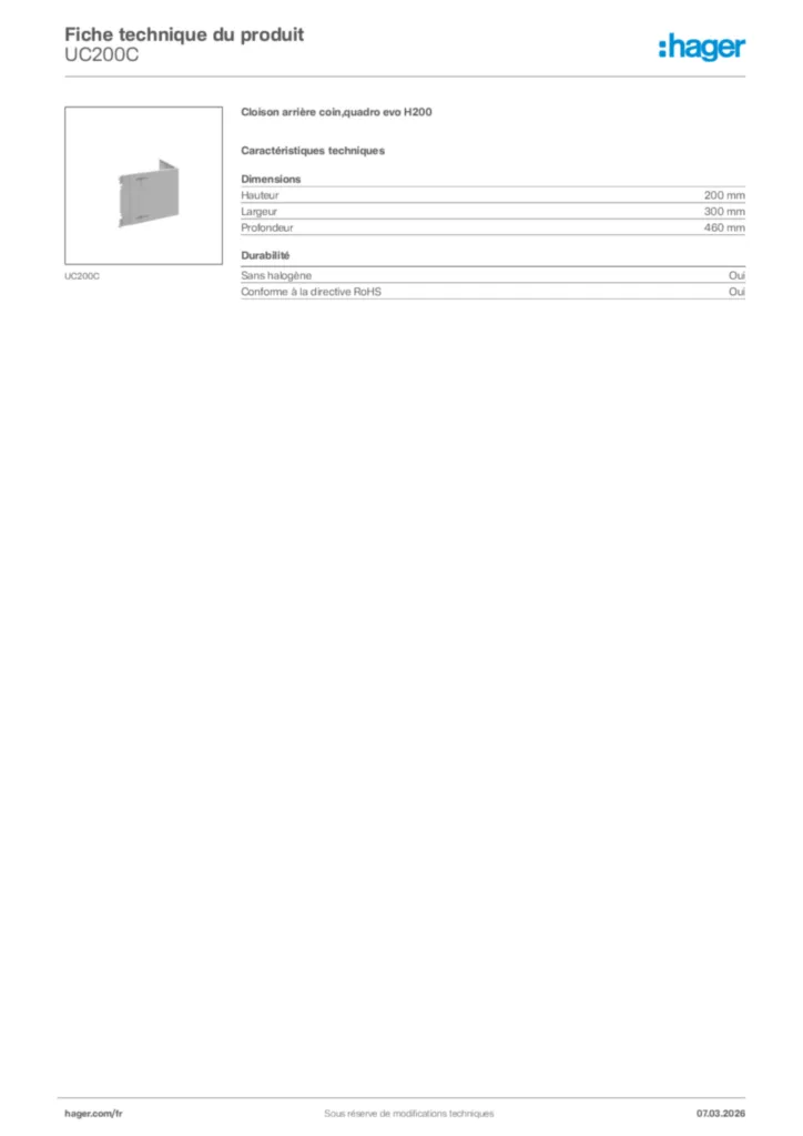 Image Hager Fiche technique du produit UC200C | Hager France