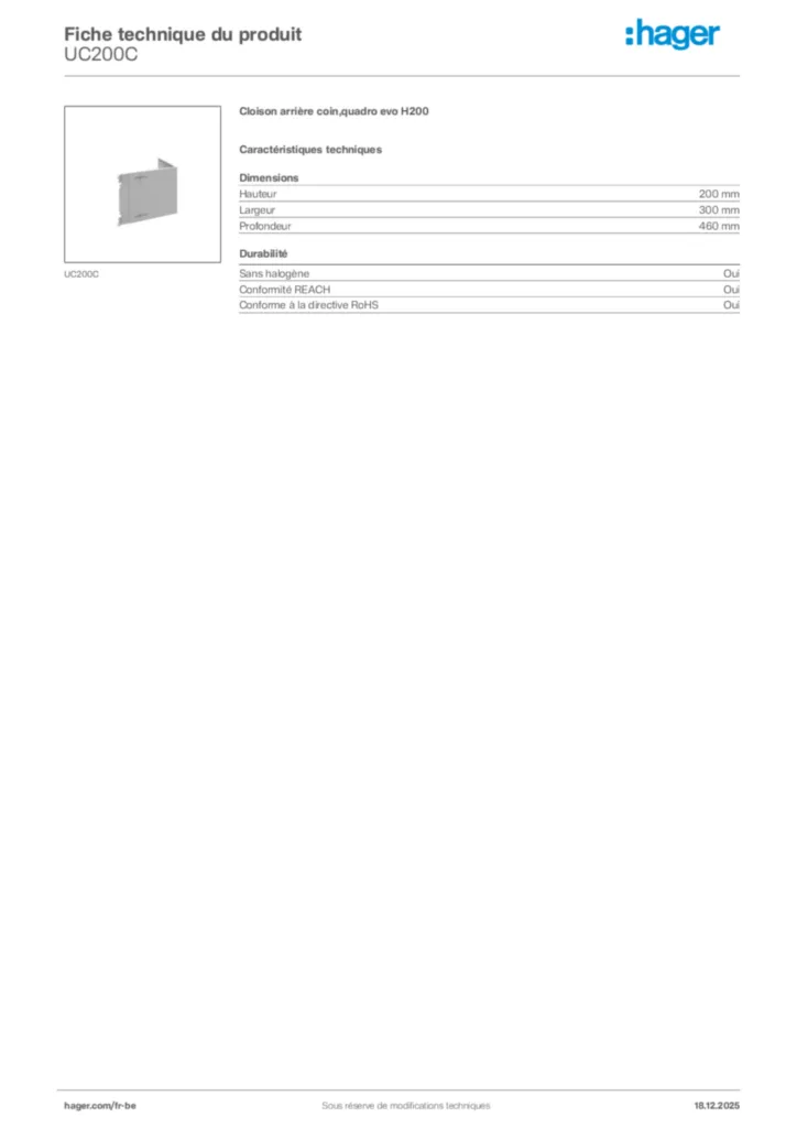 Image Hager Fiche technique du produit UC200C | Hager Belgique
