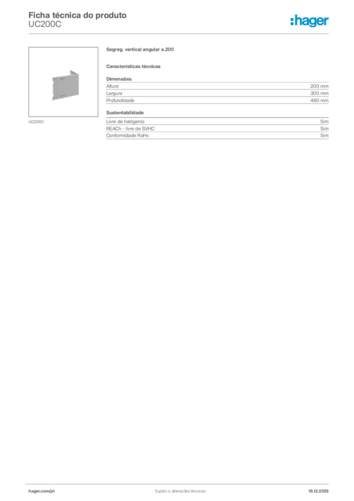 Imagem Hager Ficha técnica do produto UC200C | Hager Portugal