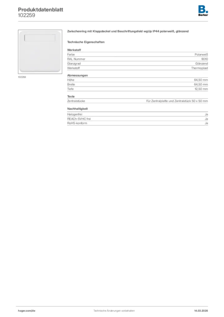 Bild Berker Produktdatenblatt 102259 | Hager Deutschland