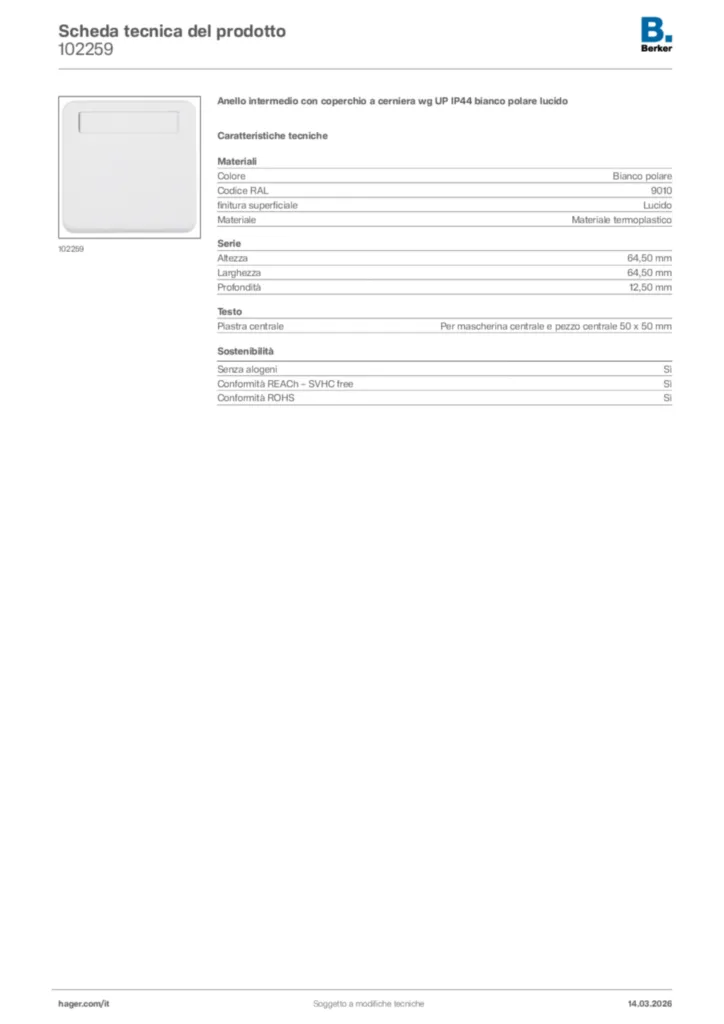 Immagine Berker Scheda tecnica del prodotto 102259 | Hager Italia