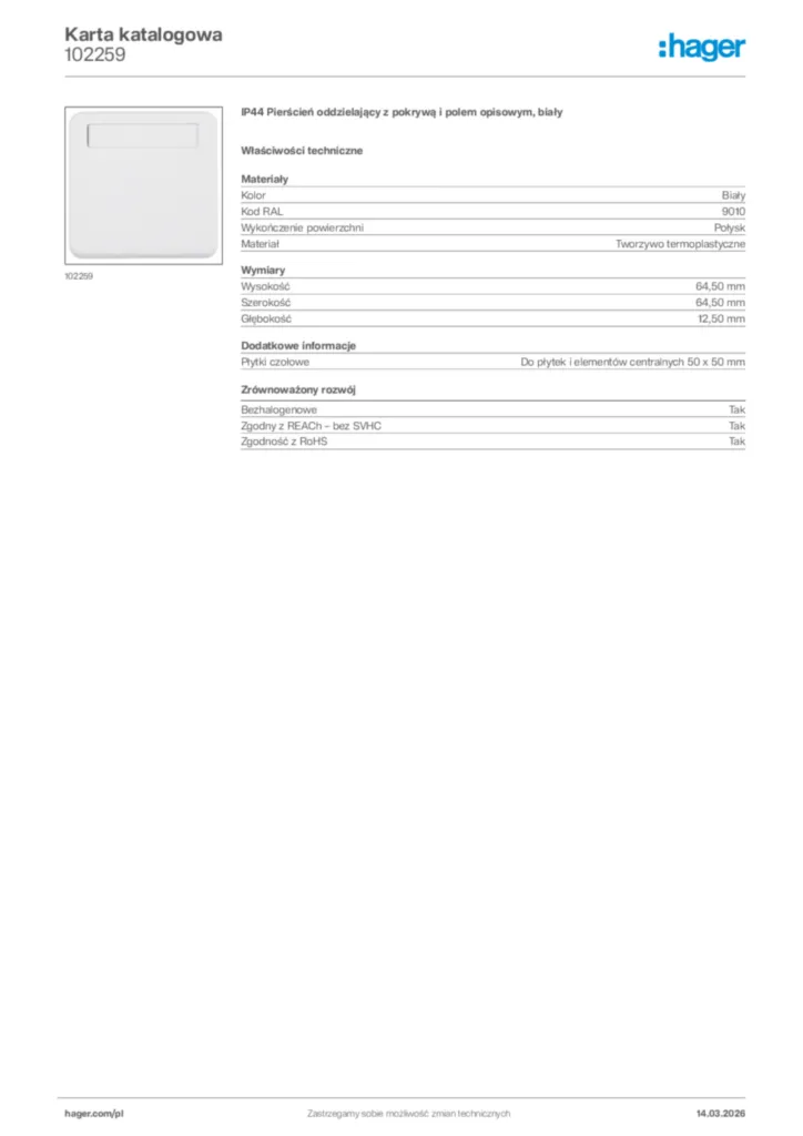 Zdjęcie Hager Karta katalogowa 102259 | Hager Polska