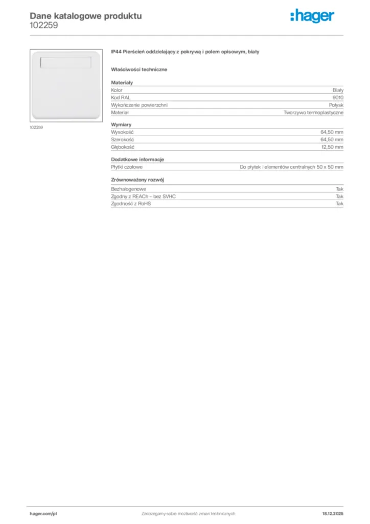 Zdjęcie Hager Karta katalogowa 102259 | Hager Polska