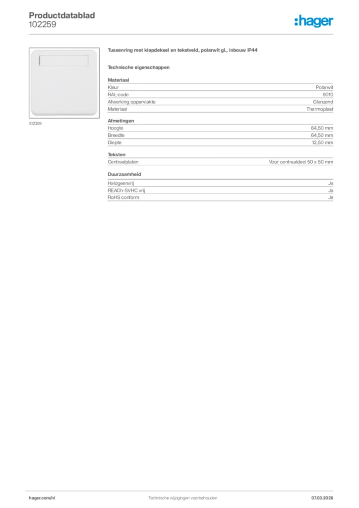 Afbeelding Hager Productdatablad 102259 | Hager Nederland