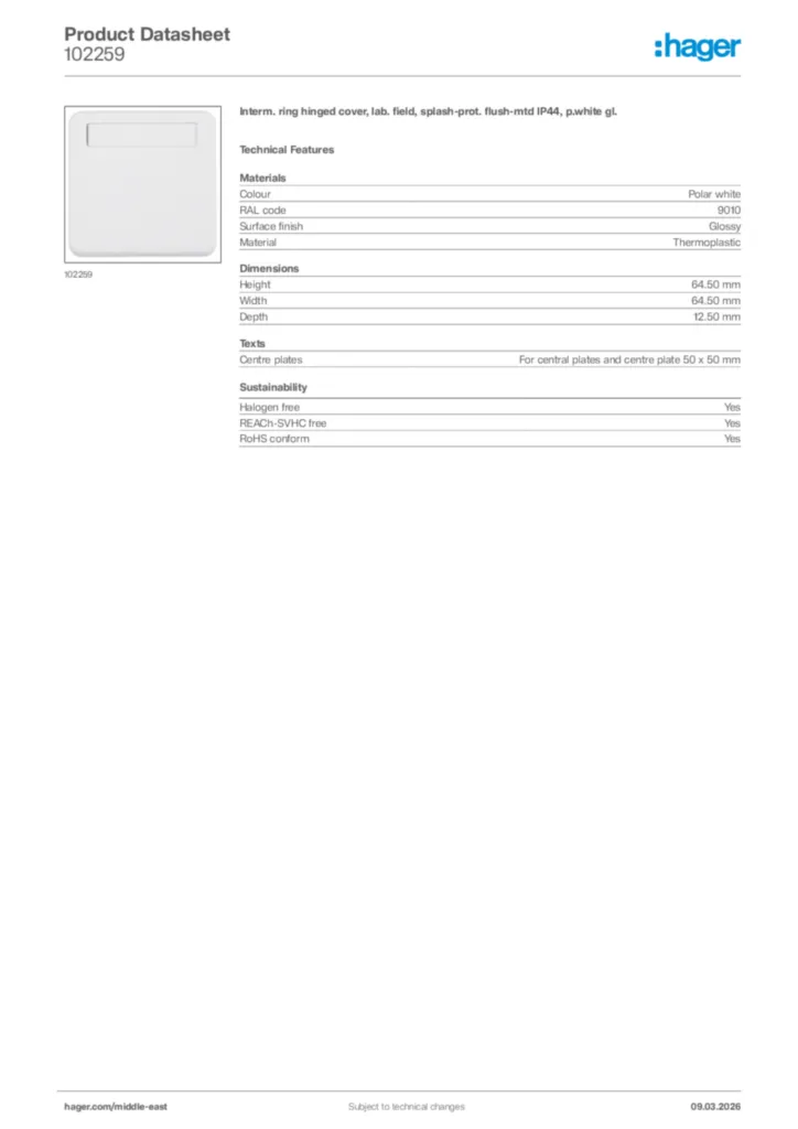 Image Hager Product data sheet 102259  | Hager