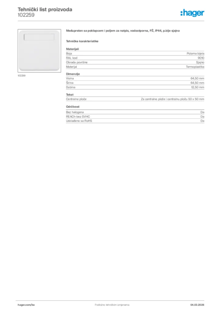 Slika Hager Tehnički list proizvoda 102259  | Hager