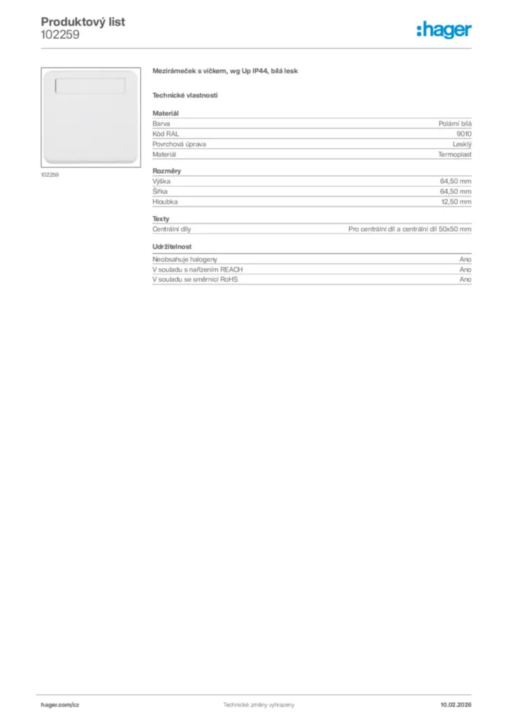Obrázek Hager Product data sheet 102259 | Hager