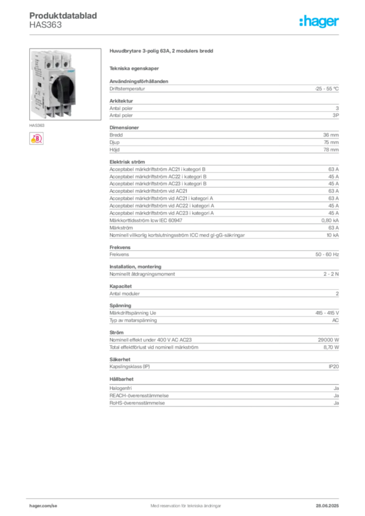 Bild Hager Produktdatablad HAS363 | Hager Sverige